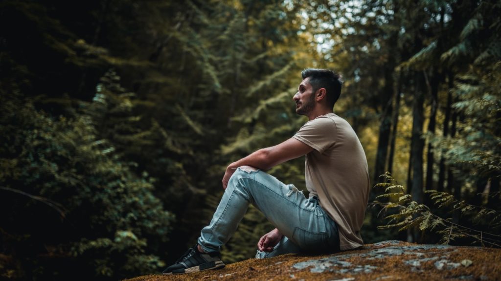 man alone in forest