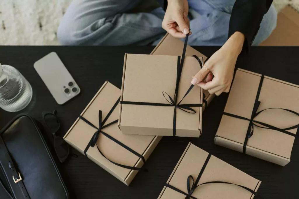 a woman wrapping gifts for her future spouse