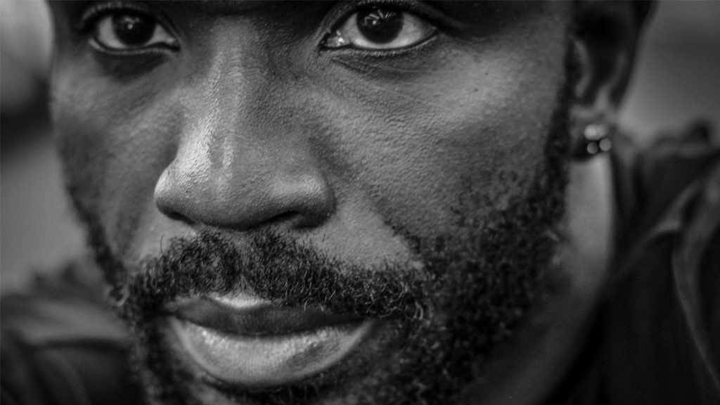 close-up of man's face in b&w